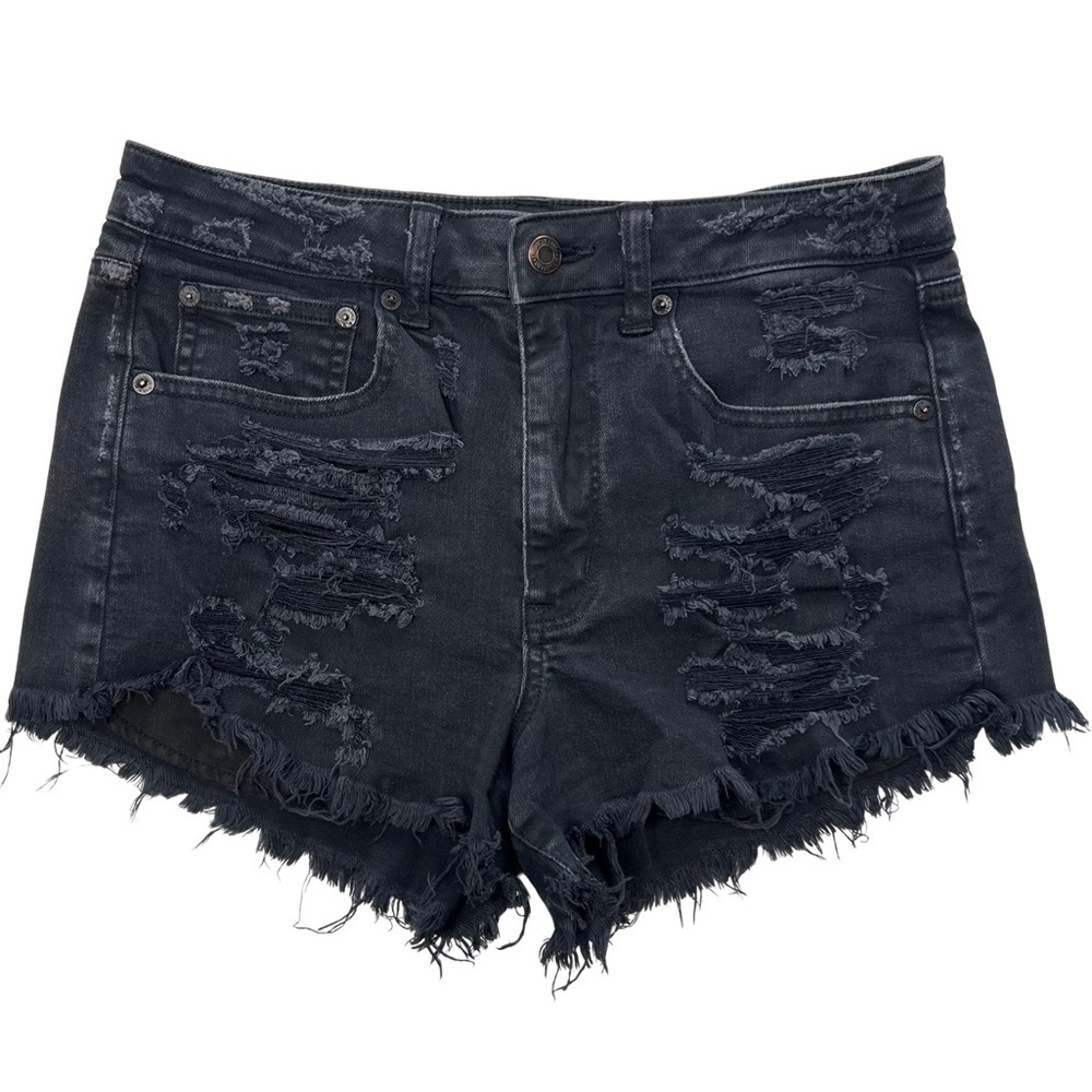 AEO Shorts Distressed Vintage Hi Rise Festival Cut Off Stretch Black Denim 6